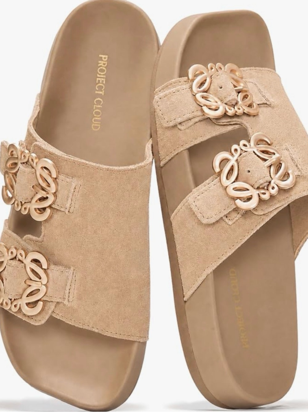 🔥 Women’s Double-Buckle Slide Sandals in Taupe with Decorative Gold Hardware